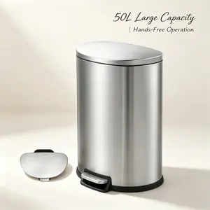 13 Gallon 50L Stainless Steel Step-On Trash Can, Hands-Free Operation, Soft Close Quiet Lid, Fingerprint Resistant, Removable Inner Liner for Kitchen Home