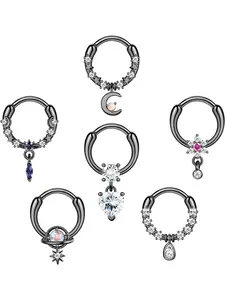 6 Pcs 16G Dangle Septum Rings for Women Blue Planet Moon Star Flower CZ Opal Dangle Septum Nose Rings Cartilage Helix Daith Earrings Dangling Septum Body Piercing Jewelry Helix Pierced Ring