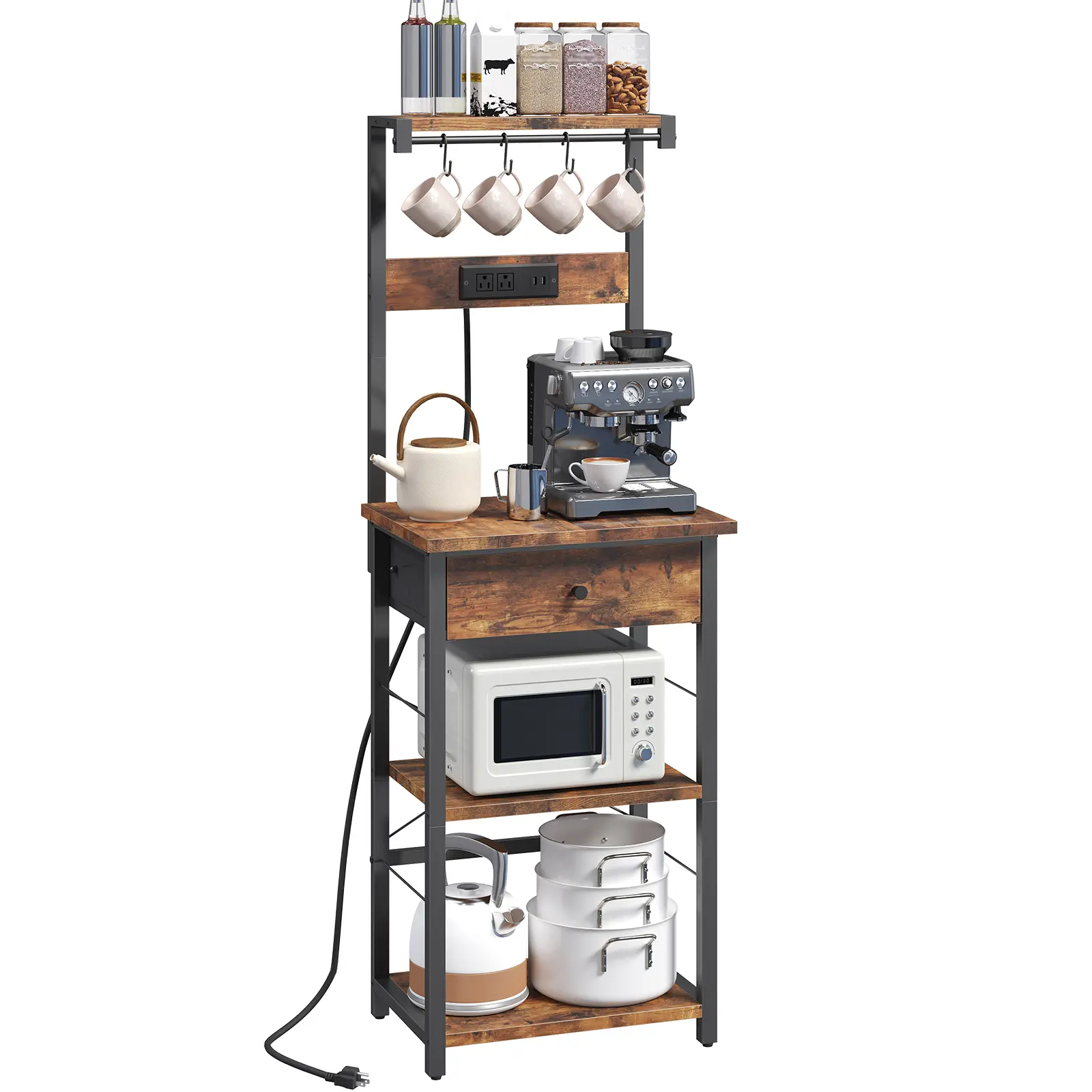 Mahancris Bakers Rack with Drawer, Charging station and Hooks, Coffee Bar Corner, 4-Tier shelves Storage for Kitchen, Dining Room, Rustic Brown and Black #SummerVibes#DealsforYouDays #SummerGarden