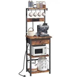 Mahancris, Bakers Rack with Drawer, Charging station and Hooks, Coffee Bar Corner, 4-Tier shelves Storage for Kitchen, Dining Room, Rustic Brown and Black