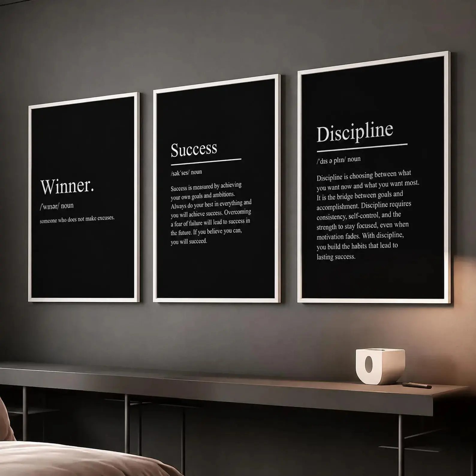 Discipline Success Winner Posters Set of3 Unframed , Motivational Wall Art Bundle, Black and White Typography Prints, Entrepreneur Mindset Art