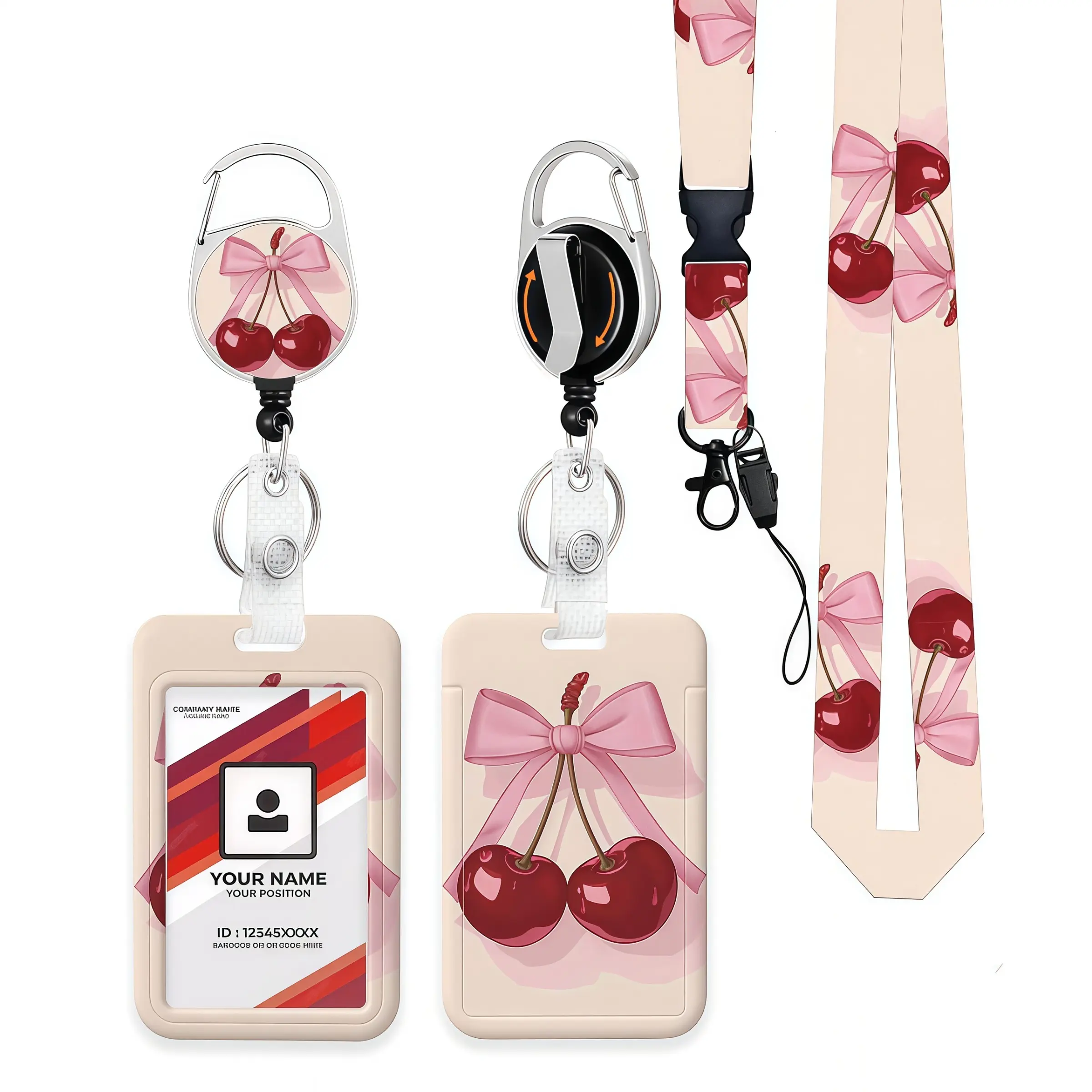 Cherry Bow Lanyard Set with Adjustable Badge Reel and ID Card Clip, Cute Ribbon Cherry Badge Clip Kit, Detachable Name Tag Holder for Women, Girls, Teachers