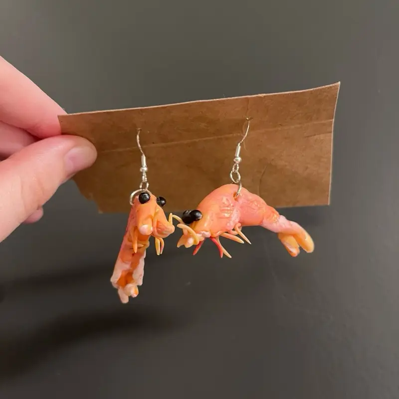 Prawn Earrings - Handmade Gold or Silver Hook Earrings with Cute Crustacean Design,
