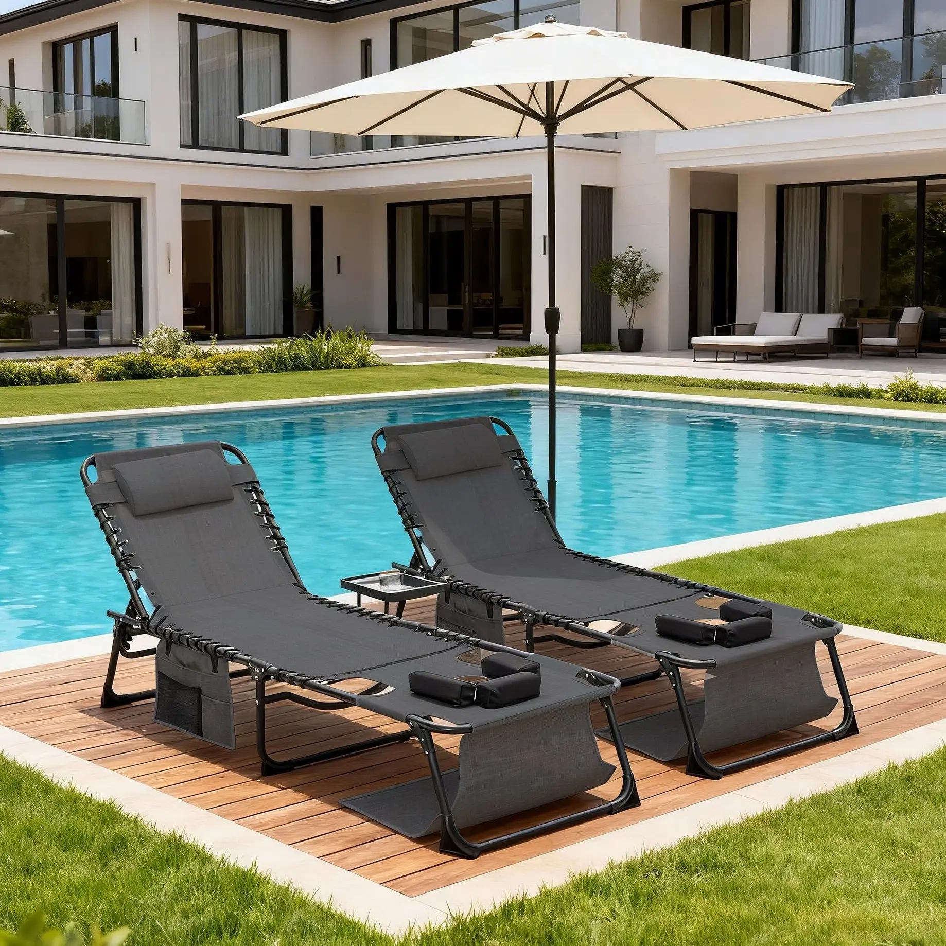 Tanning Chairs with Face Hole Set of 2, Teslin Folding Outdoor Lounge Chair with 5-Position Reclining Back for Sunbathing, Pool, Patio, Camping