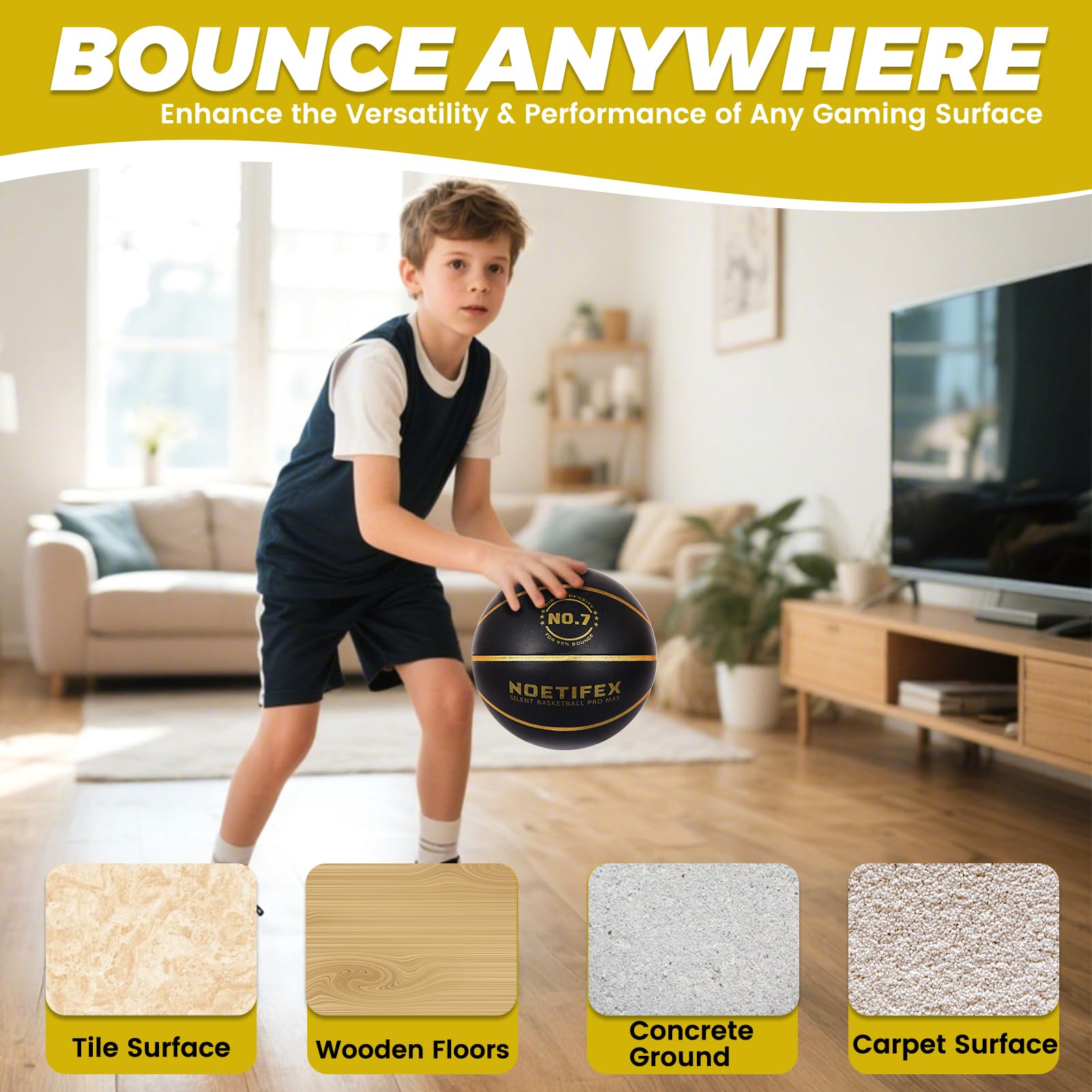 Noetifex Silent Basketball Pro Max No.7 Black Gold High Density Training Ball with Real Bounce for Apartment Home Practice