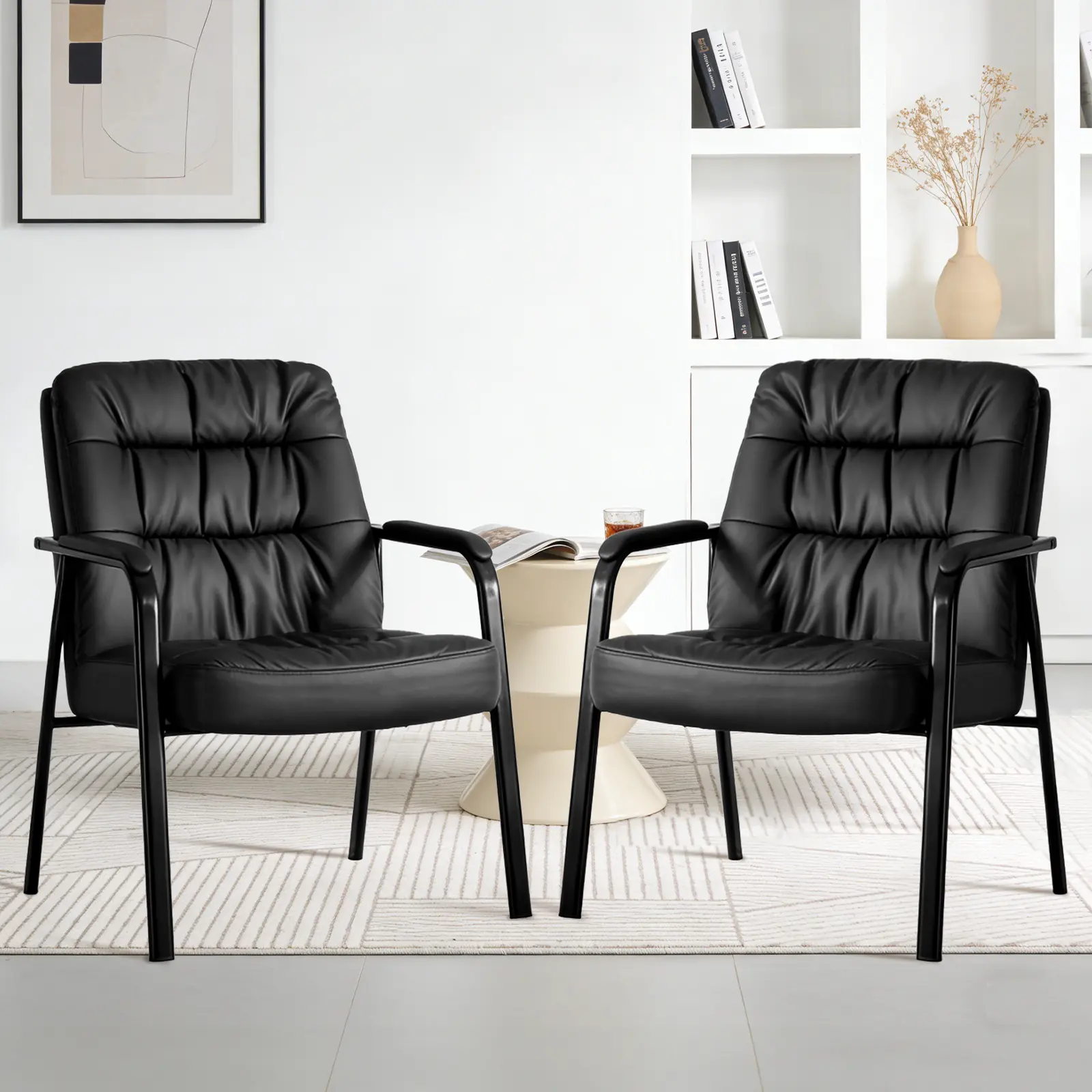 Waiting Room Chairs with Padded Armrests and Sled Base Leather Stationary No Wheels Office Guest Chair for Reception Lobby Home and Meeting Conference