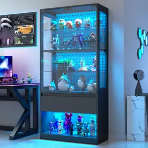65" Tempered Glass Curio Cabinet with Adjustable Shelves, Black Display Case for Collectibles Gaming Liquor Glass Display Cabinet with LED Lights and Glass Doors (23.6" W)