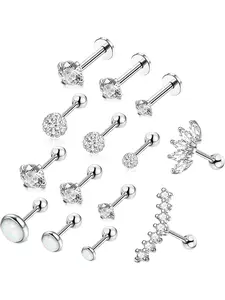 14-Piece 16g Stainless Steel Cubic Zirconia Cartilage Earrings Set, Unisex Tragus Piercing Jewelry for Women & Men, Body Piercing Jewelry