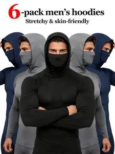6 Pack Men Motorcycle Balaclava Hood Compression Shirts, Stretch Soft Face Mask Hooded Long Sleeve Tops for Cycling Riding Running