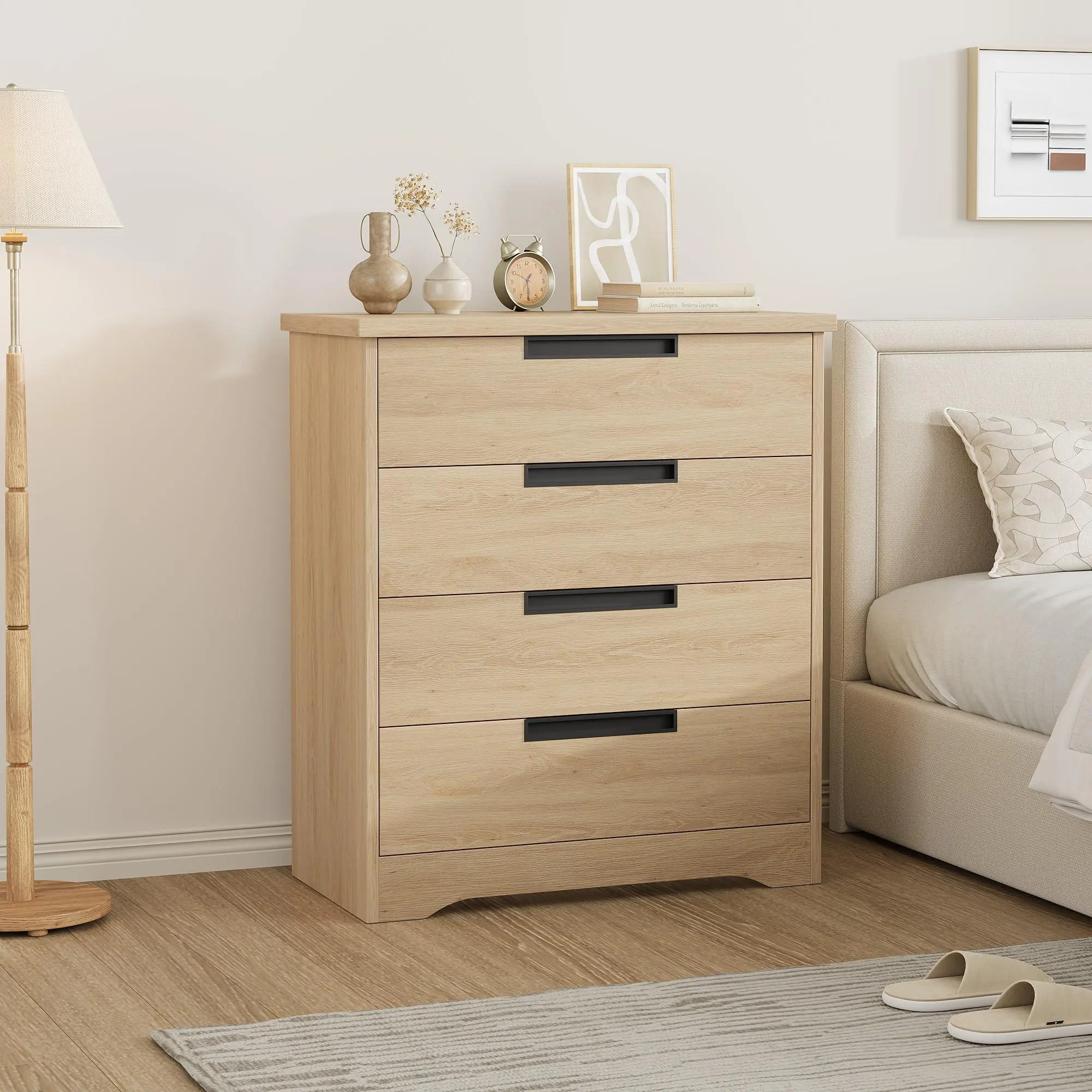 Natural Oak Farmhouse Wood Nightstand - 30 in Large End Table with 4 Drawers, Sturdy Base, Storage Organization, Solid Wood Grain for Bedroom Bedside Use