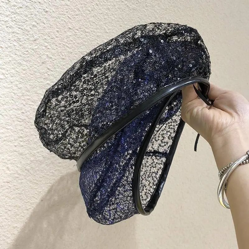 Women's Sequined Beret, Korean Style Sheer TR Fabric with Lace Accents, Breathable Summer Sun Protection, Adjustable 56-58cm, Uv Protection Clothing, Blue Sheer Yarn, Check Size Chart, Dome Crown, Sequined Lace, Casual Wear, Fashion, Lace-Accented