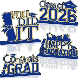 4Pcs Blue and Gold Graduation Decorations Class of 2026 Congrats Grad Wooden Table Centerpieces Grad Table Decorations for Graduation Centerpieces