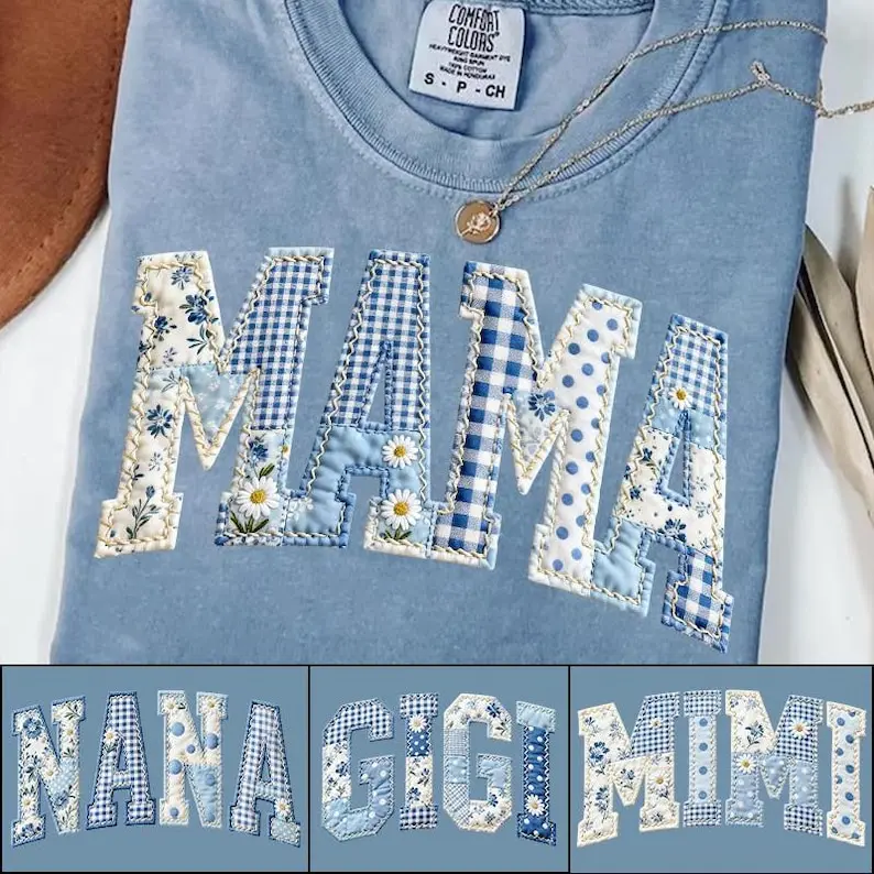 Mama Blue Toile Patchwork Floral Easter T-shirt Bundle, Mimi Gigi Nana Chinoiserie Shabby Chic T-shirt, Cottagecore Varsity, Blue White Quilt T-shirt