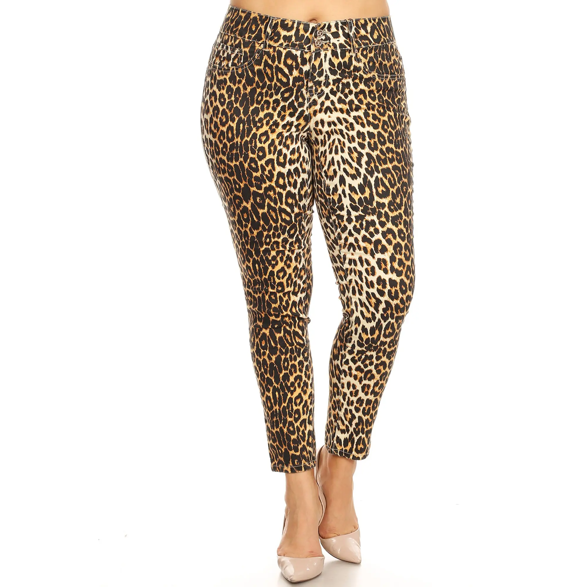 White Mark Women's Plus Size Printed Cheetah Pants Comfort Comfortable