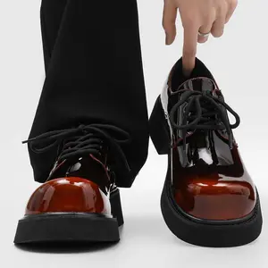 Men's Color-Shifting Patent Leather Shoes – Chunky Platform Harness Style, Red/Brown/Gradient Available 9522-H