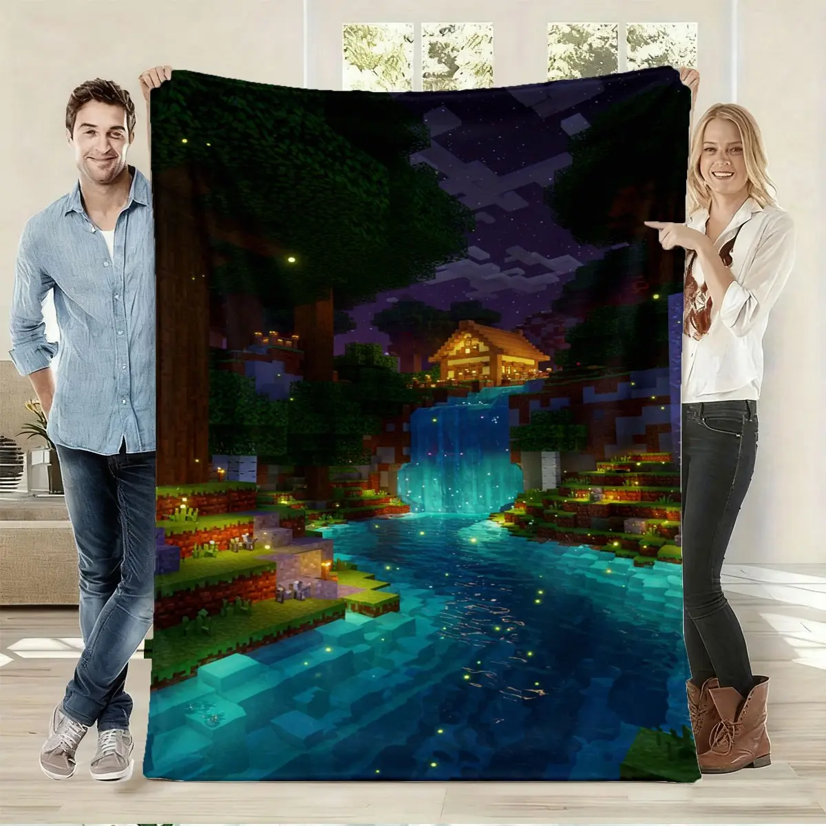 Minecraft Glow-In-The-Dark Forest Cabin Pixel Print Flannel Throw Blanket, Soft Comfortable Fabric, Perfect Gift for Boys Girls Men Women, Cozy Flannel Blanket