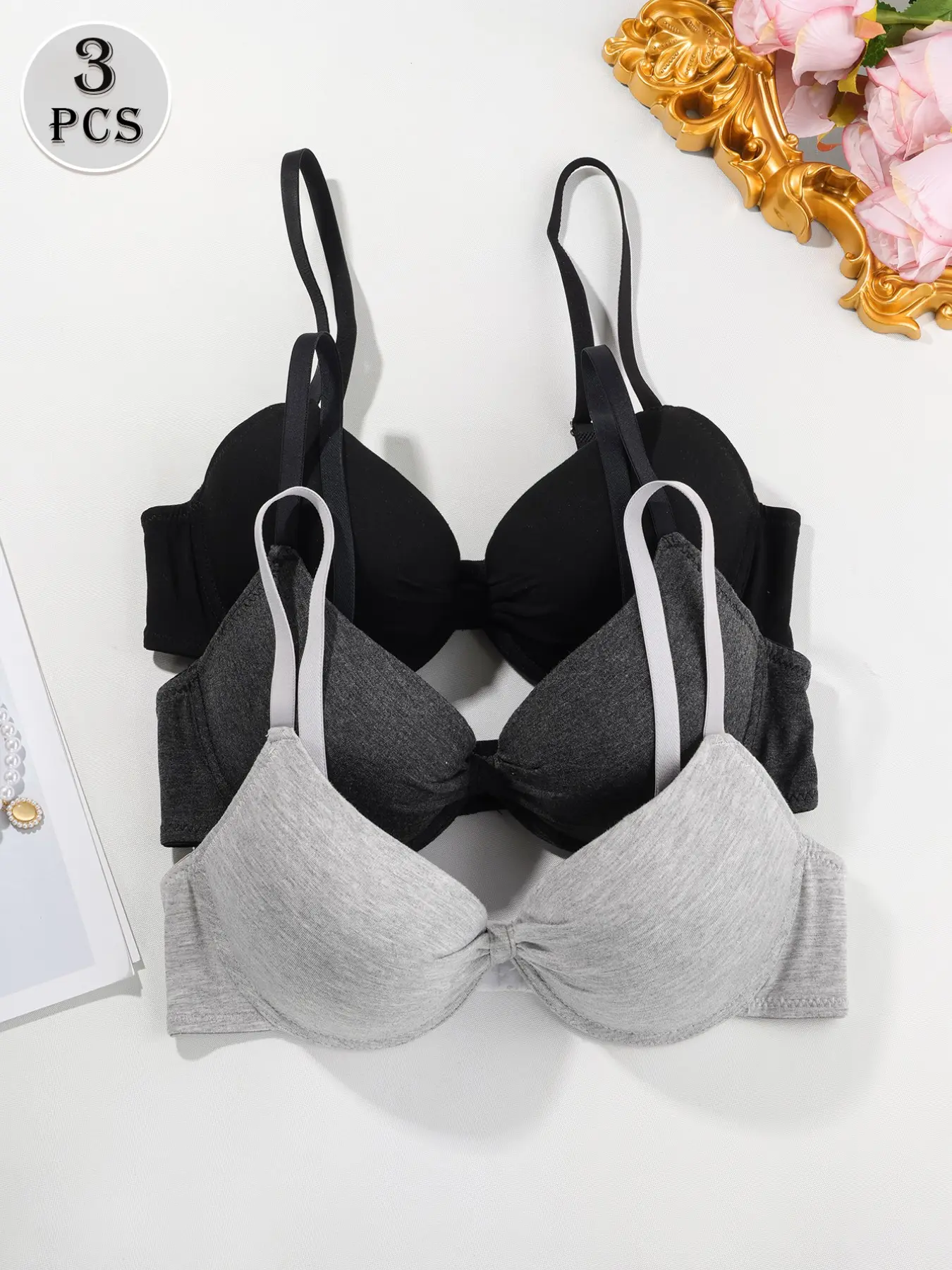 🔥 3-Pack Cotton Basic Minimalist Everyday Fit Underwear Bras for Women, Underwire Support with Push-Up Lift, Adjustable Shoulder Straps & Back Hook Closure, Soft Breathable Casual Lingerie