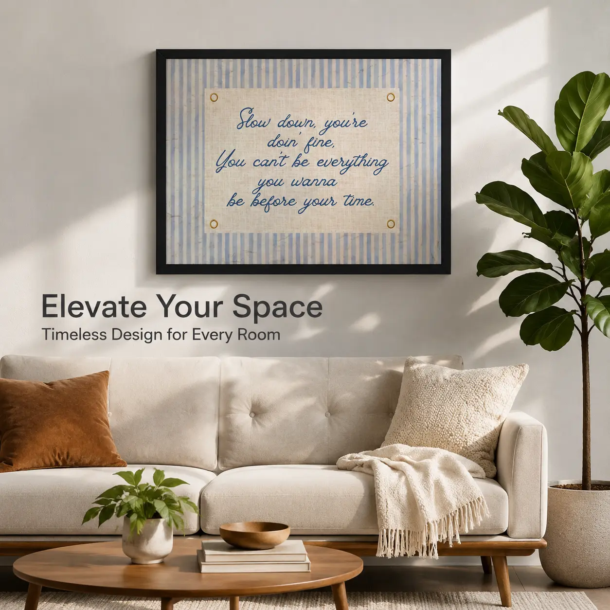 Vintage Blue Beige Striped Motivational Quote Horizontal Canvas Wall Art Print, Minimalist Waterproof Hanging Decor with Black-Gold Frame Options, Ideal for Bedroom Office, Great Sofa Accent & Housewarming Gift