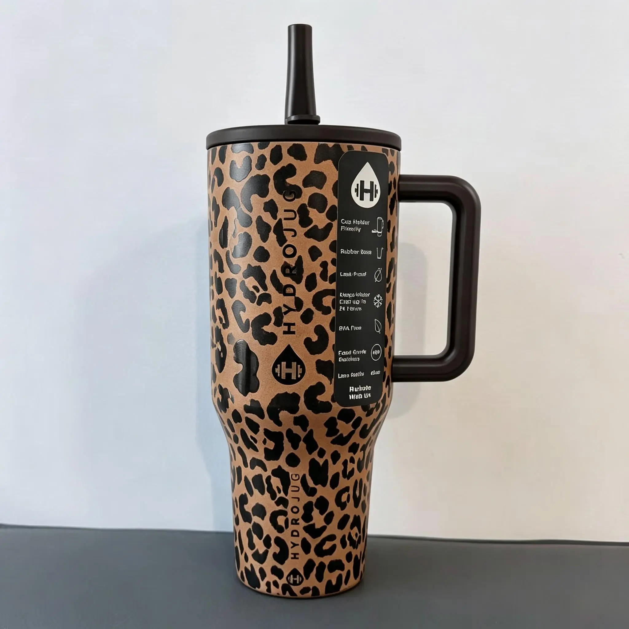 HydroJug 40oz Insulated Stainless Steel Tumbler - Brown Leopard Print, Dark Chocolate Handle & Lid, Straw, Leak-Proof, 24H Cold Retention, BPA-Free, Portable Classic Wide Mouth Flasks, Stylish Mug, Reusable, Drink Bottle Drinkware cowgirl core new