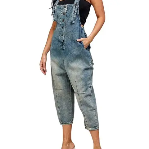 CHARTOU Women's Minimalist Jean Overalls, Casual Loose Fit Harem Style, Cropped Barrel Leg Sleeveless Jumper, Women's Clothes, Cargo Pocket, Denim, Trending Clothes, Lady
