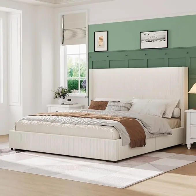 Upholstered Platform Bed Frame with Storage Drawers - Corduroy Wingback Design, Tufted Headboard & Footboard, No Box Spring Needed, Easy Assembly (Upholstered Bed Frames for Bedroom Furniture), Bedframe With Storage Drawers