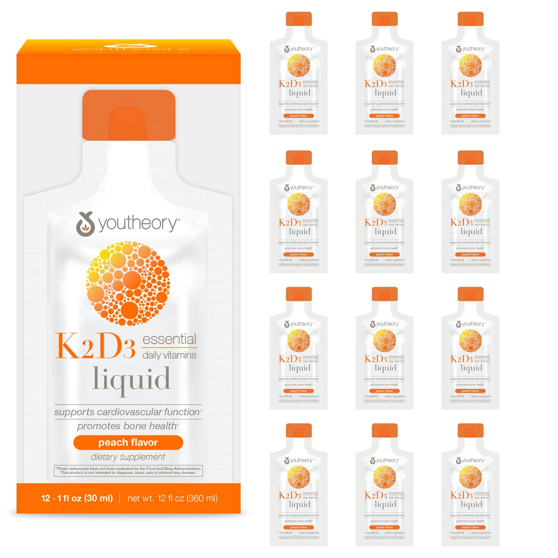 Youtheory K2 and D3 Daily Vitamin Supplement for Calcium Absorption, Bone Strength and Cardiovascular Support, Liquid Peach Flavor, 12 – 1oz Single Serving Packets
