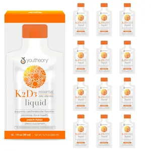 Youtheory K2 and D3 Daily Vitamin Supplement for Calcium Absorption, Bone Strength and Cardiovascular Support, Liquid Peach Flavor, 12 – 1oz Single Serving Packets