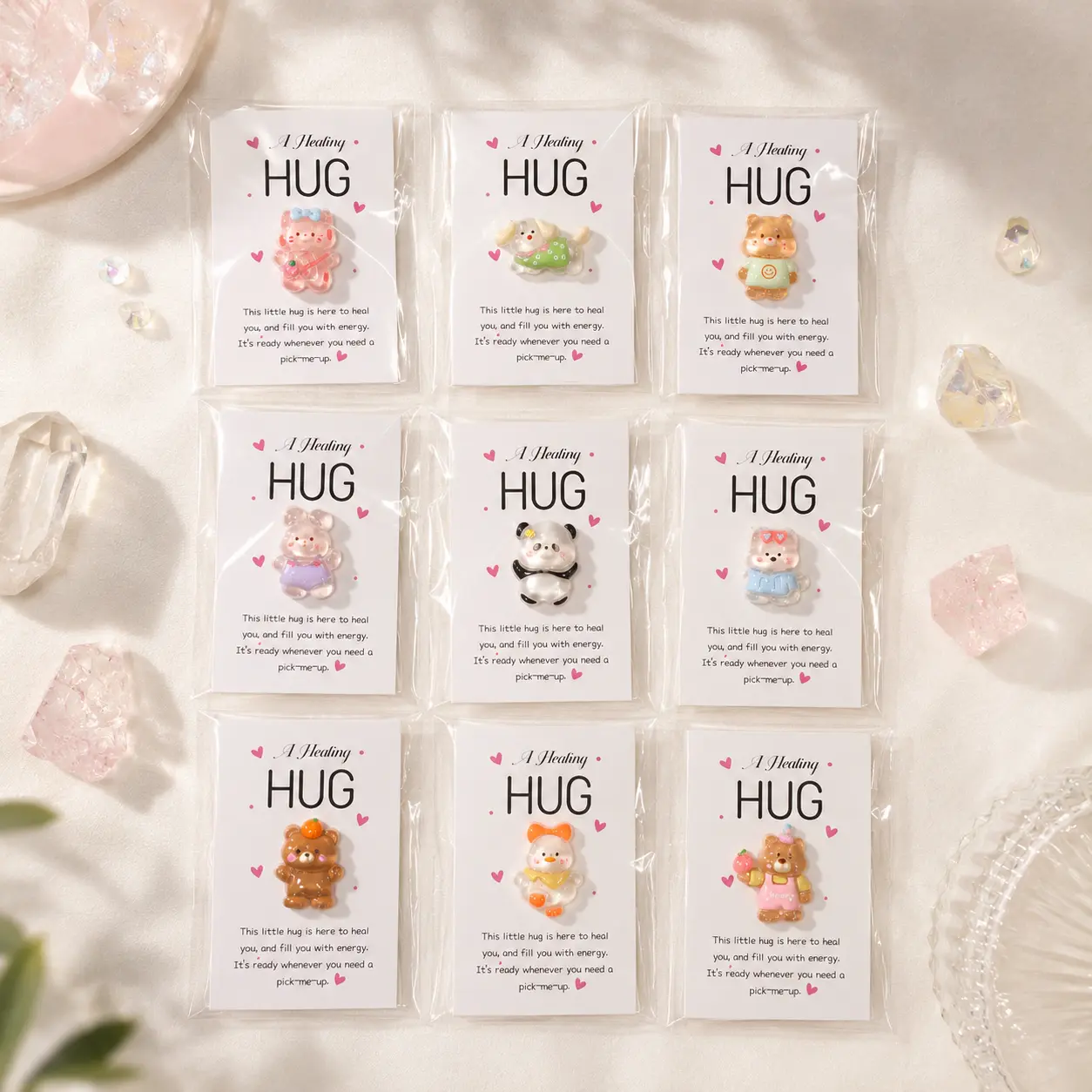 9-Piece Healing Hug Set, Mini Translucent Resin Animal Figures with Message Cards, Thoughtful Pocket Hugs & Encouragement Gifts for Friends, Coworkers, Loved Ones & Anyone Needing a Little Support