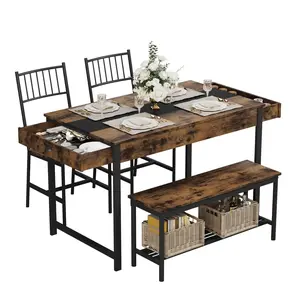 Space-Saving Dining Table Set for 4 with Bench & 2 Chairs – Rectangular Farmhouse Kitchen Table – Built-in Storage Drawers & Rack – Ideal for Small Spaces