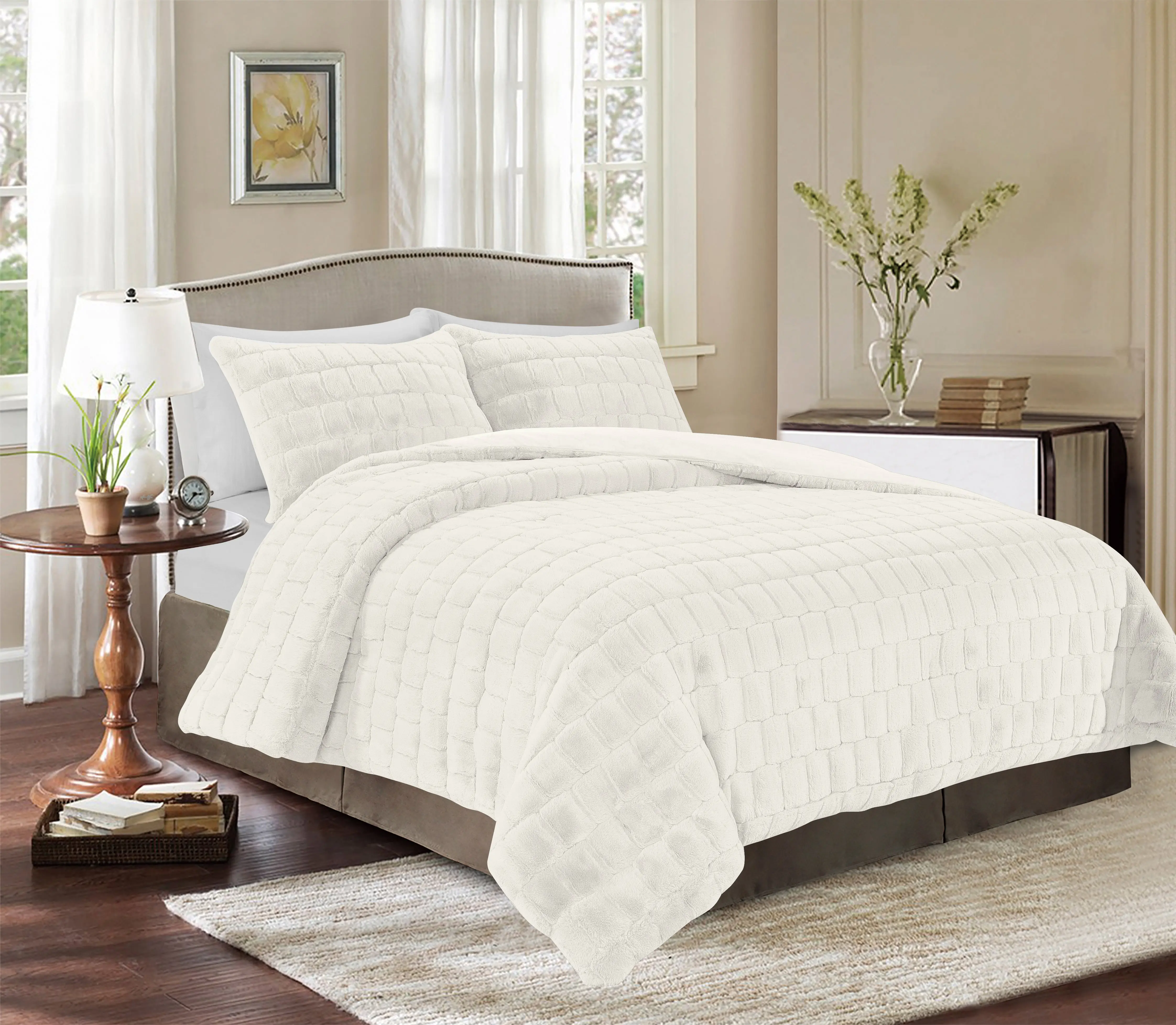 Mocassi 3-Piece Comfy Synthetic Faux Rabbit Fur Comforter Set - Hotel Style Bedding, Wrinkle Resistant, Plush Velvety Warmth, All Seasons Use