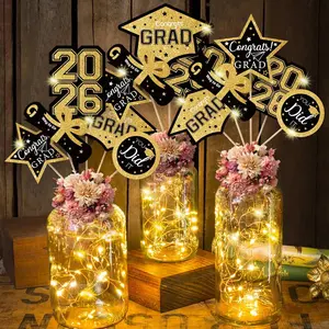 2026 Graduation Decorations 30pcs Black and Gold Graduation Table Centerpieces Sticks With Lights for College High School Congrats Grad Party Supplies