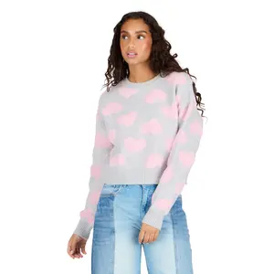 Forever 21 Women's Long-Sleeve Knit Crop Sweater - Ribbed Crew Neck, Dimensional Art Intarsia, Cute Casual Style Knitwear Top