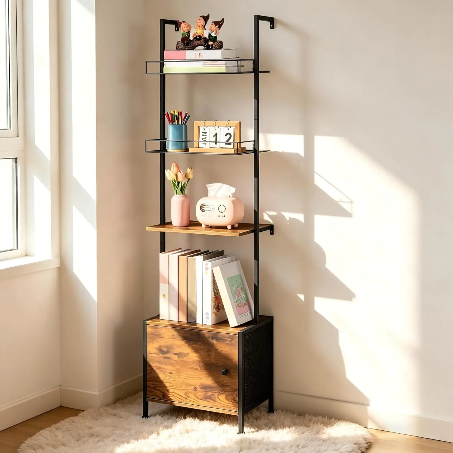 Brown 4-Tier Wall-Mounted Wooden Ladder Bookshelf - With Drawers, Cabinet, Natural Touch, Maximizes Space Efficiently, Enhances Utility and Style for Living Room, Home Office Organizing Books