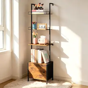 Brown 4-Tier Wall-Mounted Wooden Ladder Bookshelf with Drawers, Cabinet, and Storage Shelves – Display Bookcase for Living Room, Home Office