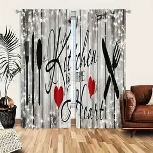2 Kitchen-Themed Curtains with "The Kitchen is the Heart" Design, Semi-Transparent, Rod Pocket Style, Machine Washable, For Bedroom, Office, Kitchen, Living Room, Study Room Decor (Rodless), Home Decoration Curtain, Window decorations supplies
