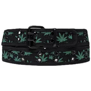 Green Leaf 2 Rows Grommet Stitched Canvas Fabric Military Web Belt Heavy Duty Quality Canvas Belt with Leaf Pattern