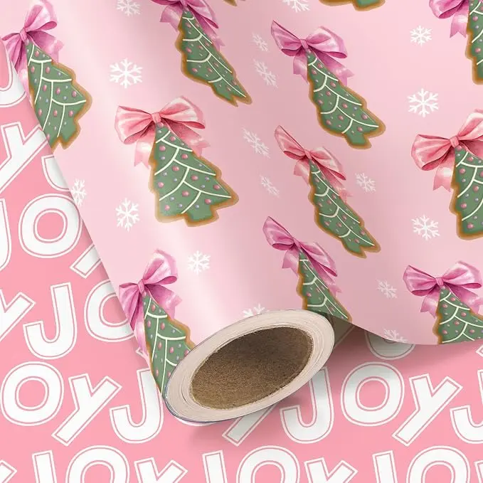 WRAPAHOLIC Pink Christmas Wrapping Paper Roll, Reversible Holiday Gift Wrap with Pink Christmas Tree, Gingerbread, Bow, Plaid & Joy Designs, Cute Christmas Gift Wrapping Paper for Girls, Kids, Women, Holiday Party, Winter Season, 17 Inch x 16.5 Feet