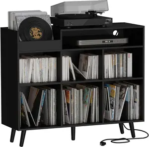 Large Record Player Stand with Vinyl Storage Cabinet, Wood Turntable Table Open Shelf Holder Up to 500 Albums Cube Storage Organizer for Living Room, Office