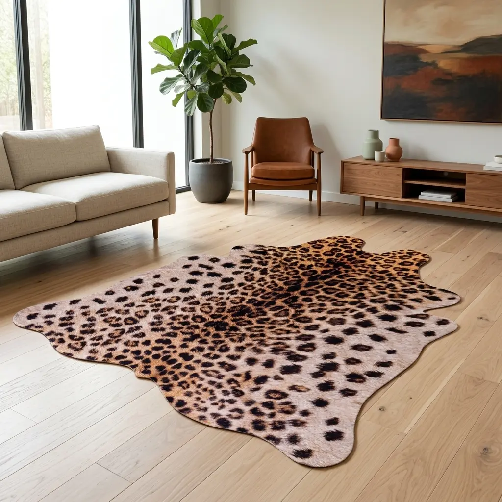 Area Rug for Living Room Machine Washable Leopard Print Irregular Area Rug, Faux Cowhide Shape Washable Non-Slip Rug for Living Room, Bedroom & Home Decor