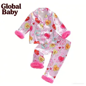 Global Baby 2Pcs Valentine's Pajamas Sets for Toddler Girl Long Sleeve Lapel V Neck Heart Print Tops Elastic Waist Pants Nightwear Cartoon Pajamas For Boys Girls' Clothing   Good Quality
