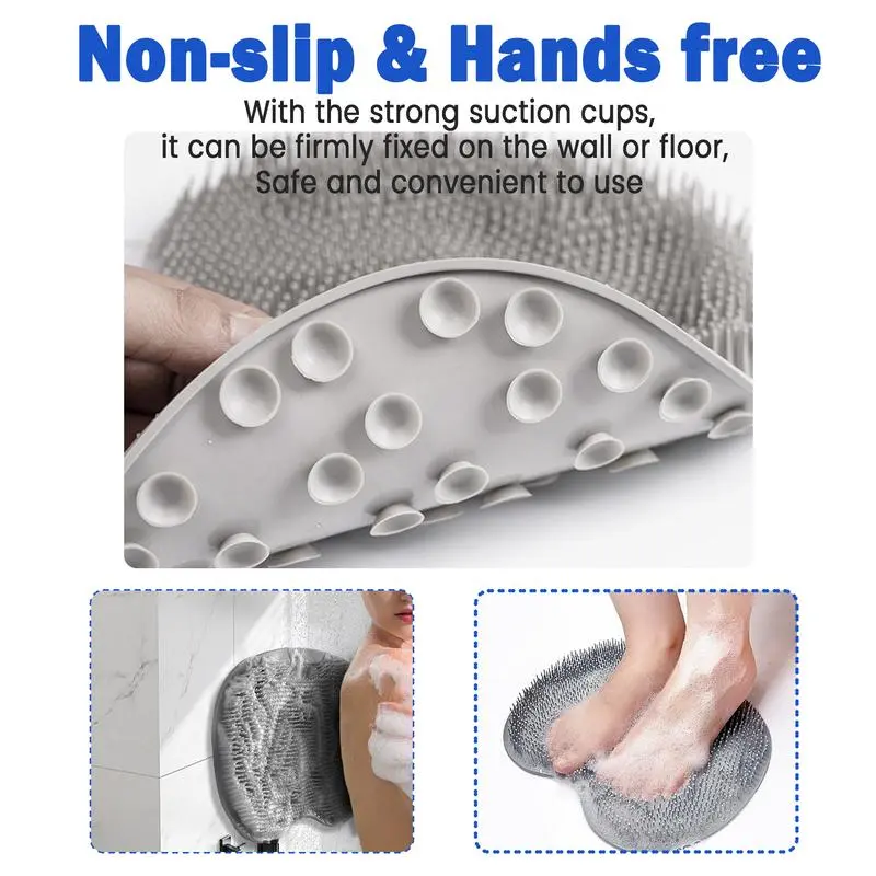 Grey Silicone Shower Ft Scrubber Mat with Compartment - Wall-Mounted Bathroom Accessory, Back & Ft Exfoliating Tool, Soft Bristle Massage Cleaning Pad, Slip-Resistant Suction Cups, Hanging