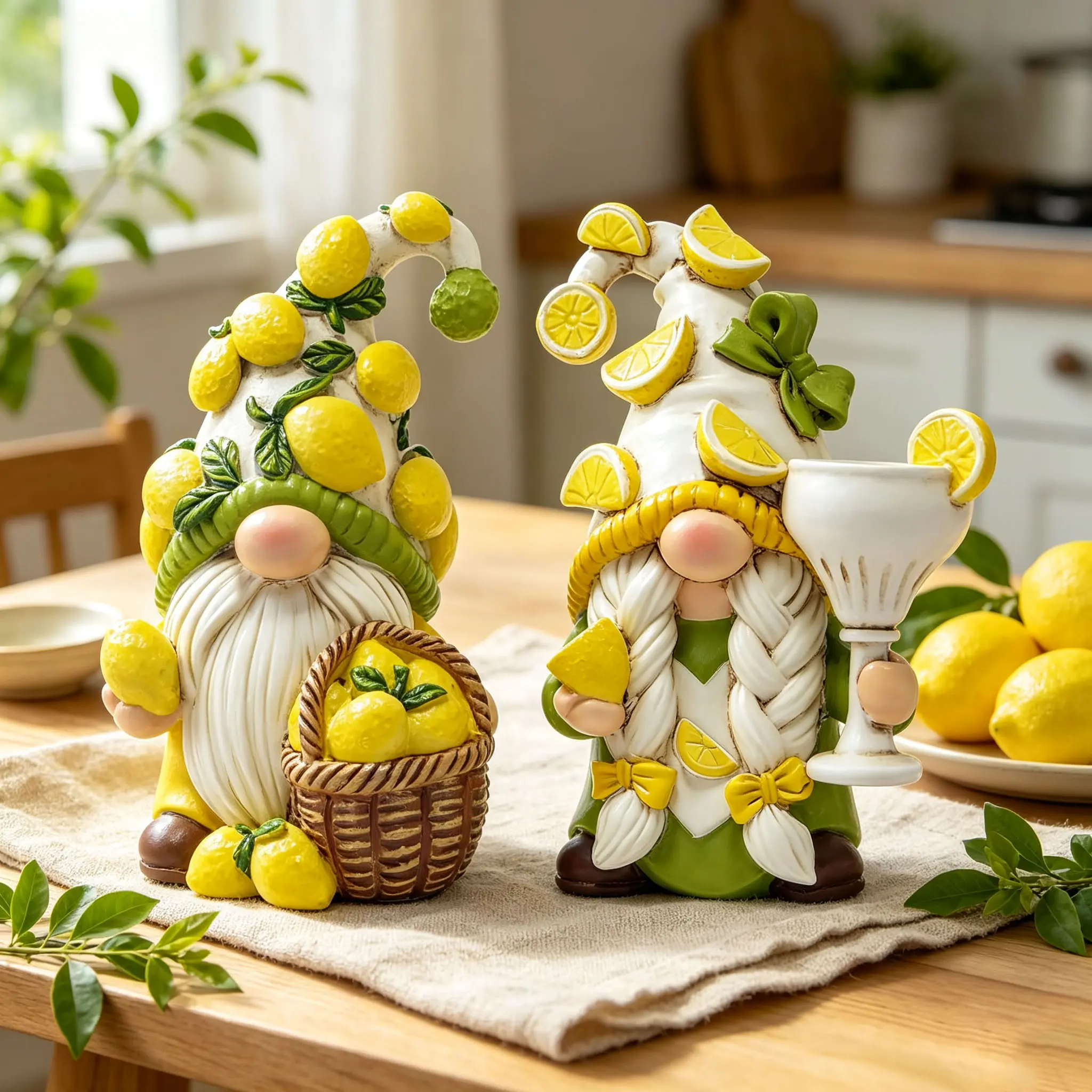 Sangeren 2-Piece Rustic Gnome Statues Set with Vibrant Yellow Lemon Detailing Fruit Covered Hats, Resin Figurines for Summer Farmhouse Layout, Hand-Painted Kitchen Decor Collectibles, Ideal Housewarming Gift