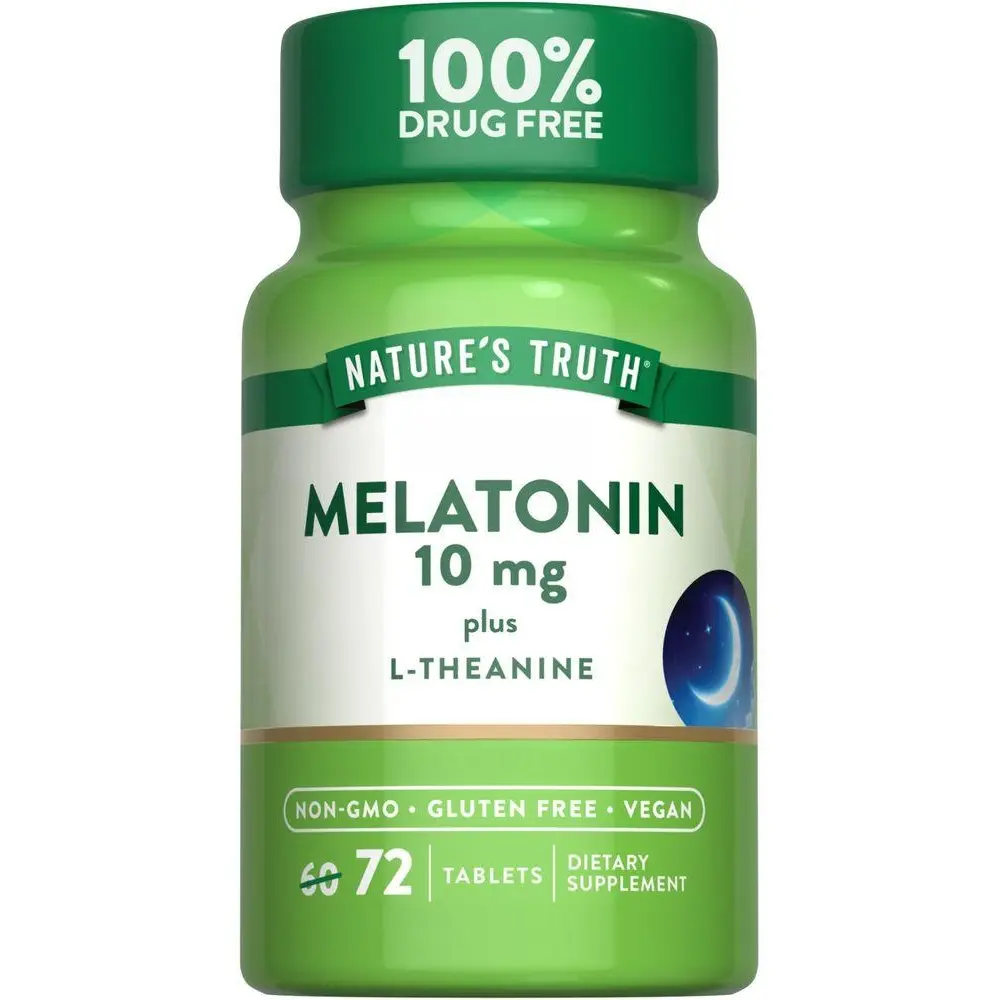 Nature's Truth Melatonin 10 mg + L-Theanine - 72 Tablets - Maximum Strength for Sleep - Vegan, Non-GMO and Gluten Free Supplement
