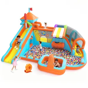 Inflatable Obstacle Bounce House with Double Slides, 10 in 1 Bouncy House with 750W Blower, Splash Pool, Climbing Wall, Jumping, Water Cannon, Deep Pool for Kids