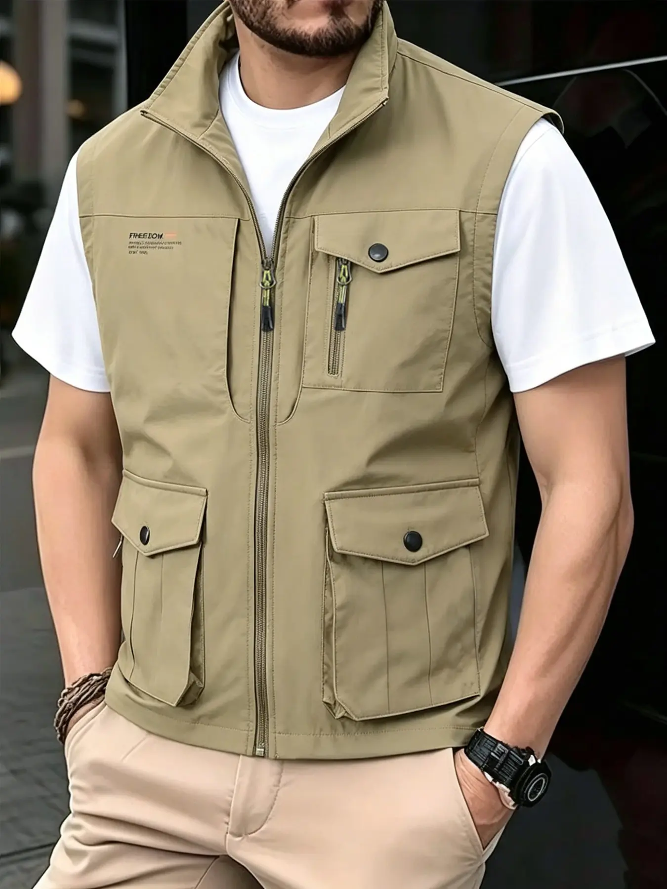 New Men's Vest Gilet Waistcoats for Spring Summer Fall, Multifunctional Utility Casual Stand Collar Zipper Multi-Pocket Workwear Outdoor Photography Fishing Cape Jacket