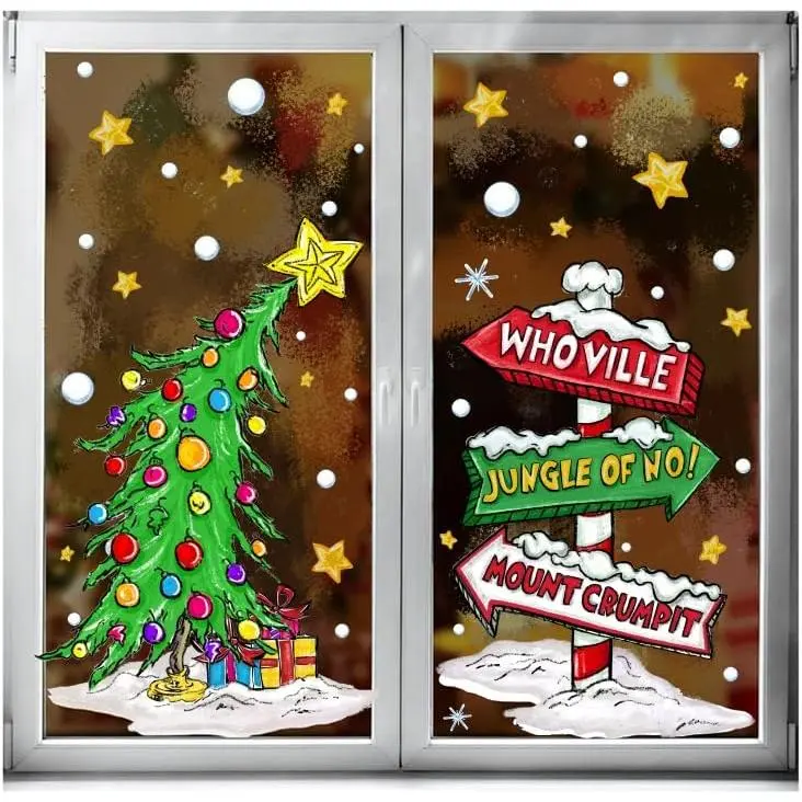 Christmas Window Clings Decorations (4 Sheets) - Extra Large Double-Sided Reusable Decals with Rustic Curved Christmas Tree, Arrow, Snowflake, Stars - for Xmas Winter Home Door Glass Decor