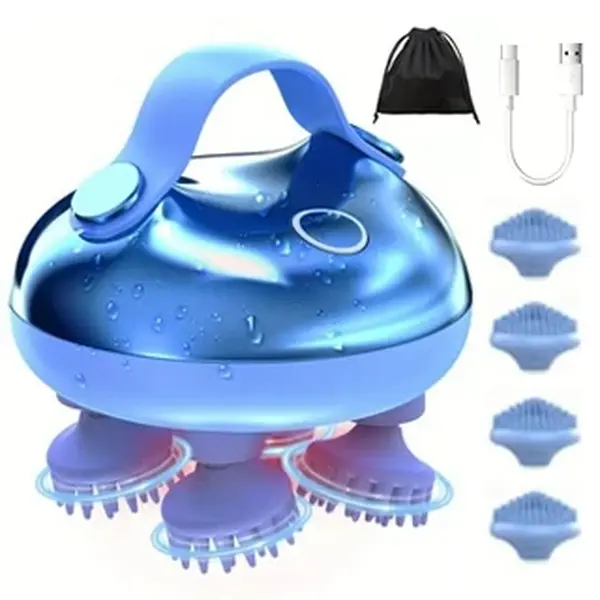 HuiJuKeJi Cordless Silicone Electric Scalp Massager with Handle, 5-in-1 Modes Kneading, 128 Rotating Nodes, 8 Removable Claws, Waterproof Shower Use, Built-in Cell, Gift for Parents