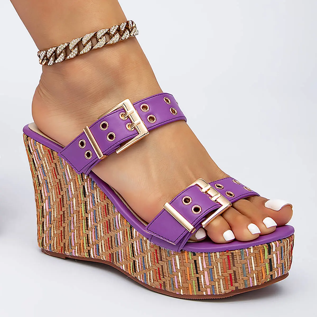 Women's comfortable Slides Wedge Sandals with Buckle Strap Slip On Peep Toe Platform Sandals High Heels Shoes Girl Footwear Rubber Classic Purple Fashion Elegant sandals women