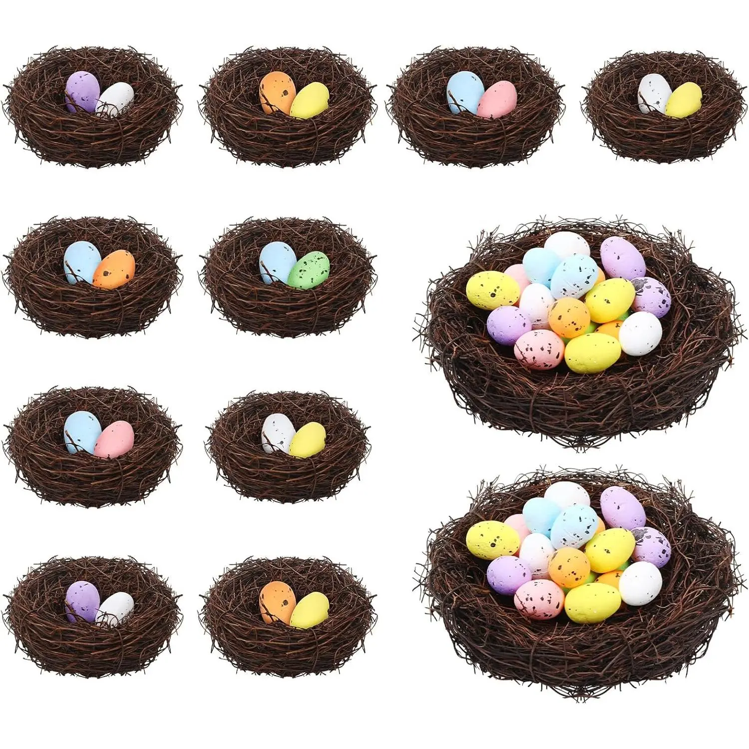 Easter Artificial Bird Nest with Eggs for Crafts, 12Pcs Mixed Size Artificial Rattan Birds Nest with 26Pcs Foam Easter Eggs Small Faux Bird Nest Decor for Spring Garden Yard Home Tree Decor