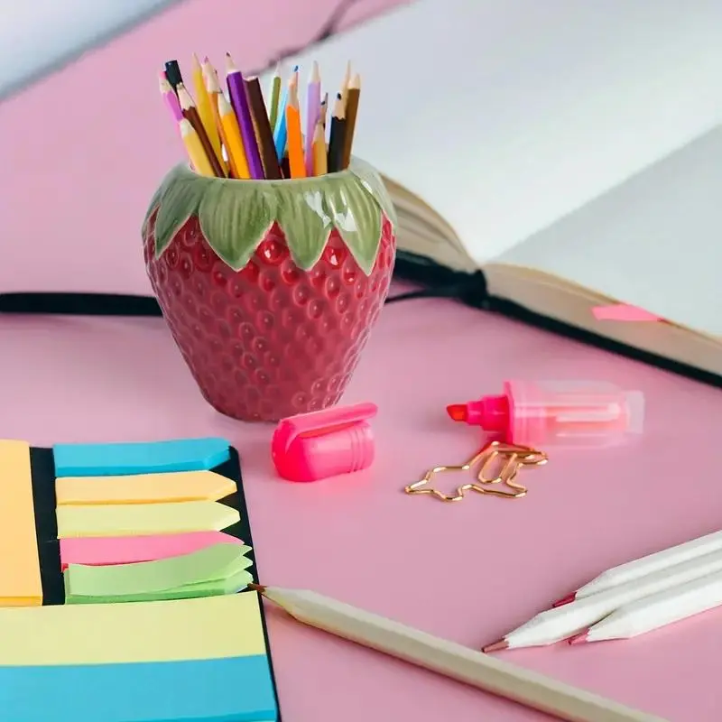 Strawberry Ceramic Pen Holder, Marker Pen Holder, Pencil Holder, Multifunctional Desktop Organizer, Stationery Organizer, Storage Pen & Makeup Brush Holder, Office & Home Decor, Girly Office Supplies, Desk Accessories, Desk Organizer Supply